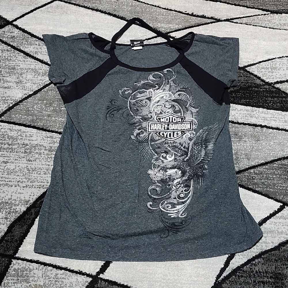 VINTAGE HARLEY DAVIDSON SILVER SHINE BAR & SHIELD LOGO EAGLE SCOOP-NECK T-SHIRT